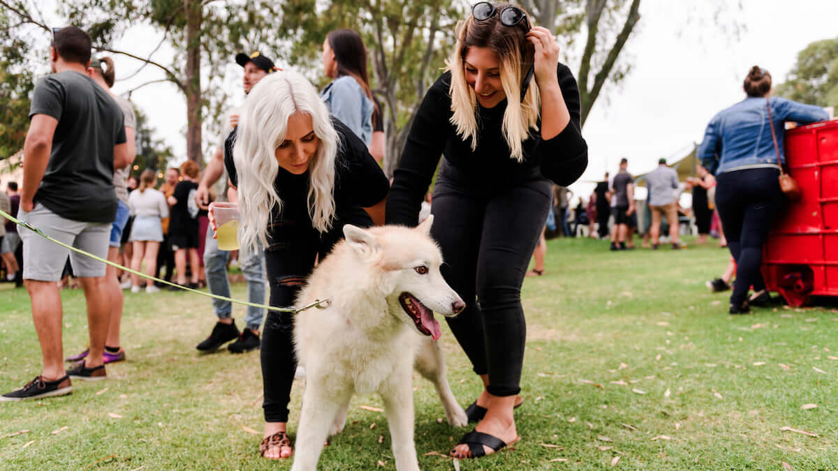 two women patting a dog at WA Cider and Pork Festival