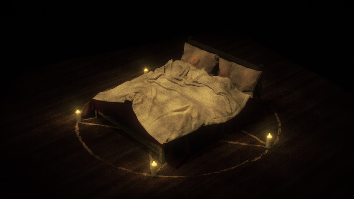two silhouettes in a bed with a devil star around it as part of the ETERNAL Darkfield Radio show