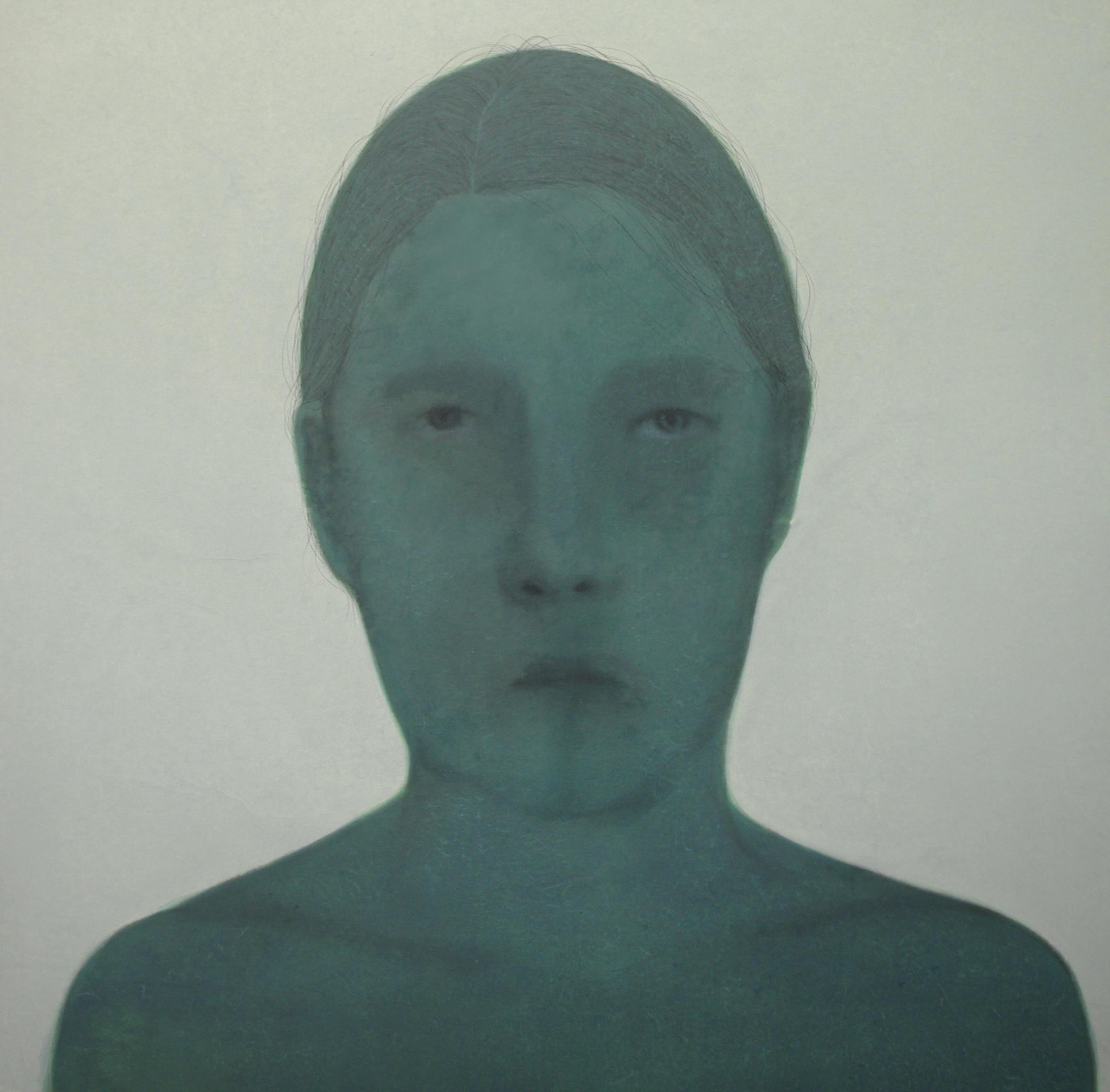 a painting of a face in tones of blue